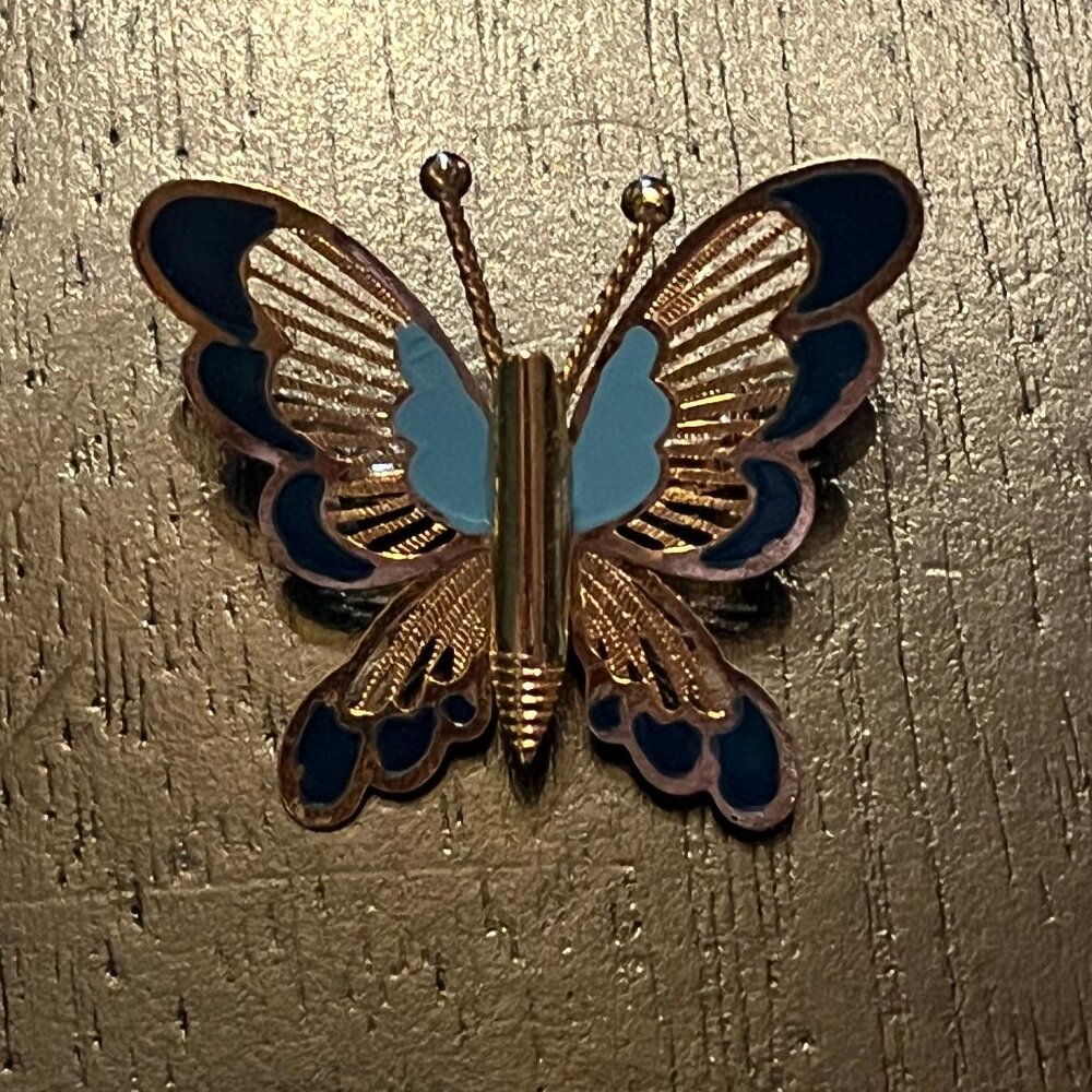 Vintage Gold tone Butterfly Pin with blue Enamel